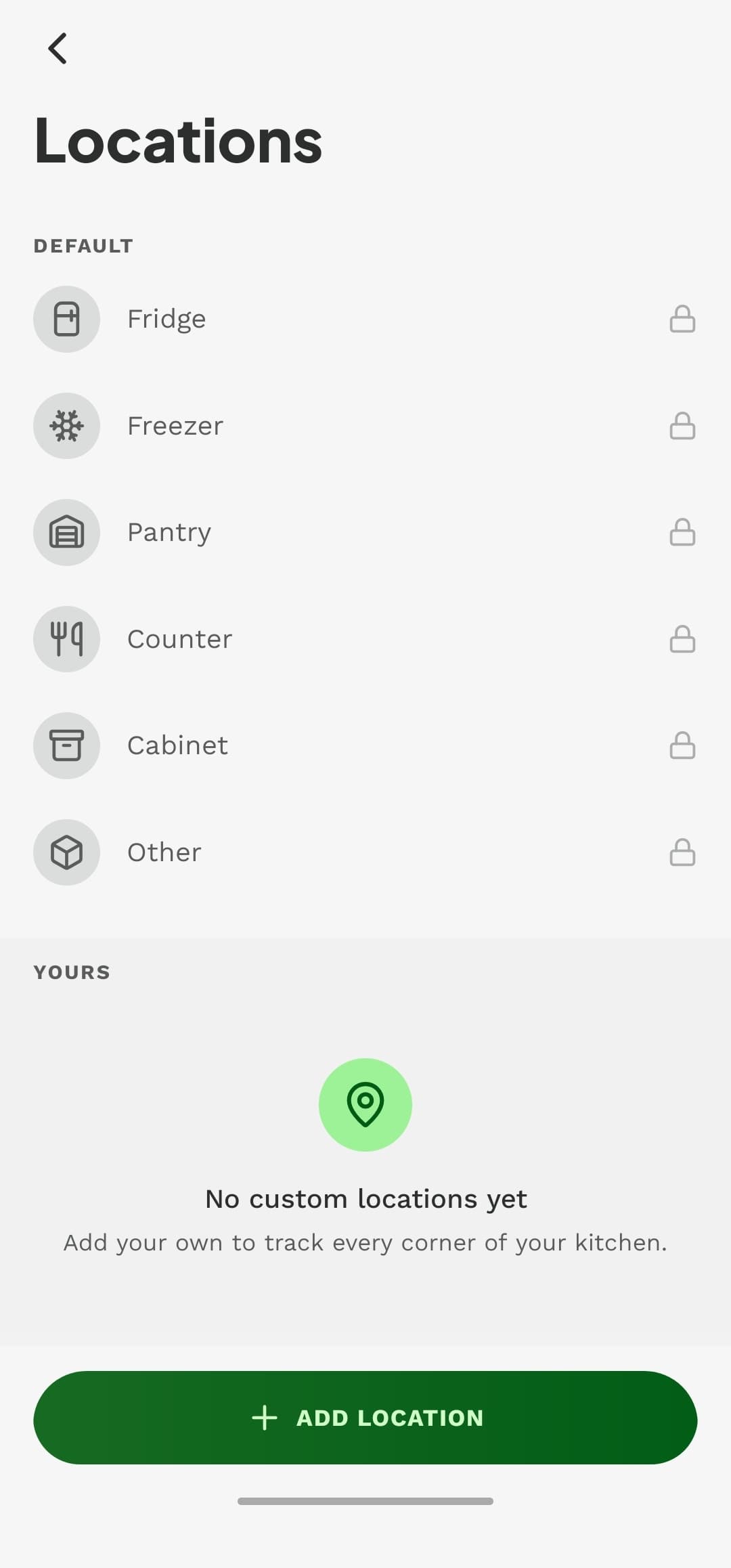 Fridge, freezer and pantry locations
