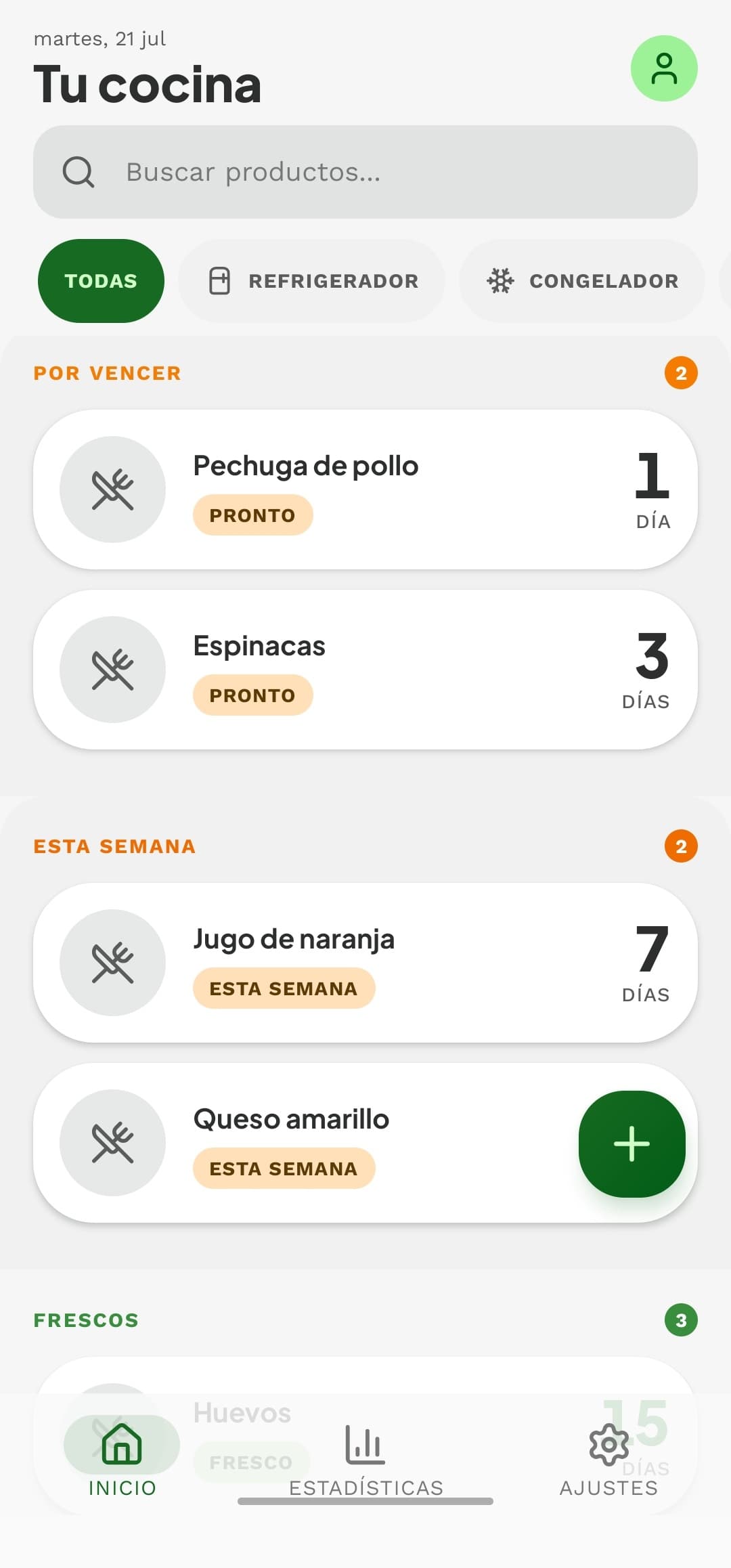 Pantalla principal ordenando por urgencia